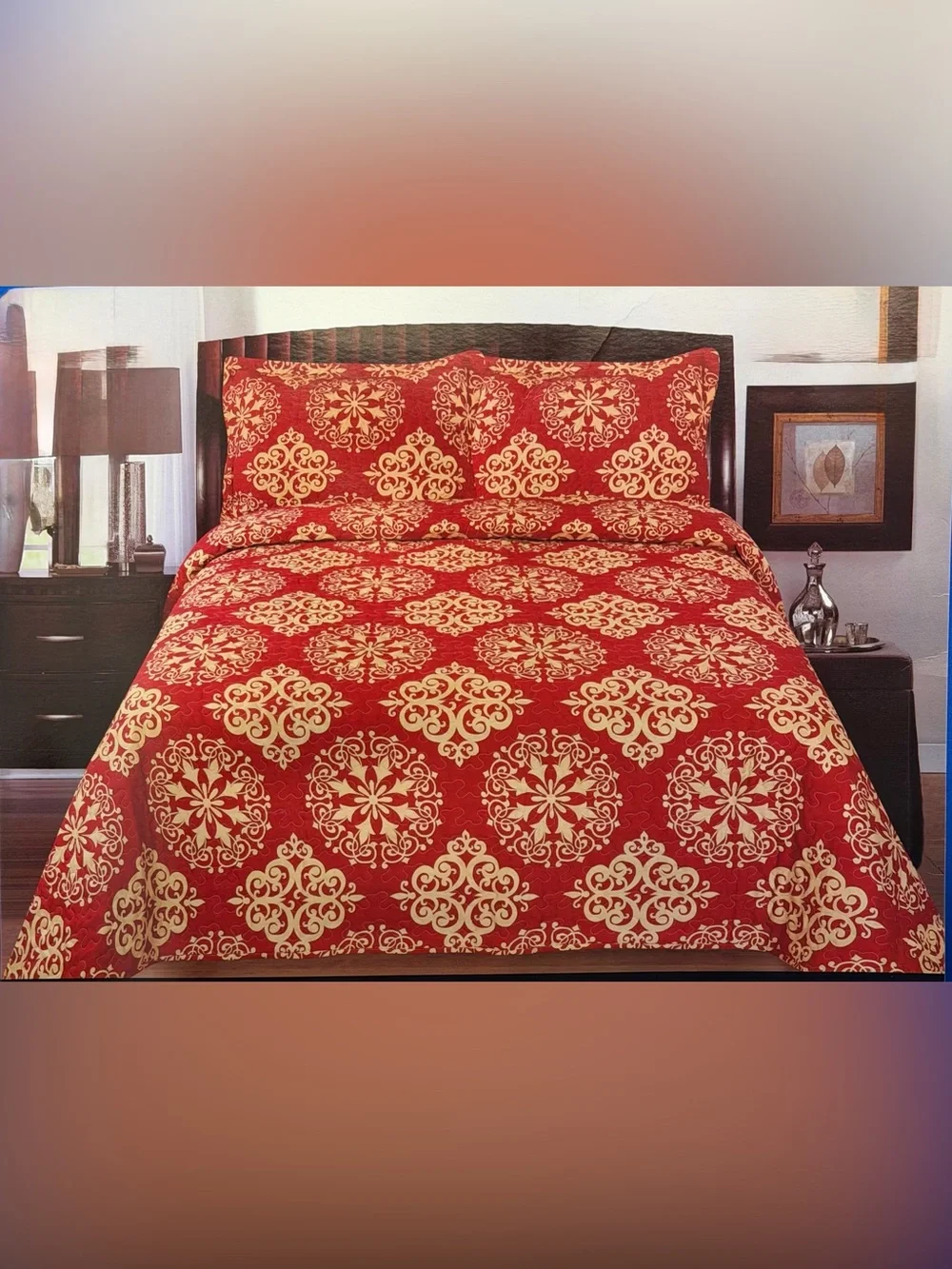 New king size bedspread/Quilt set 3PCS oversized Red Gold